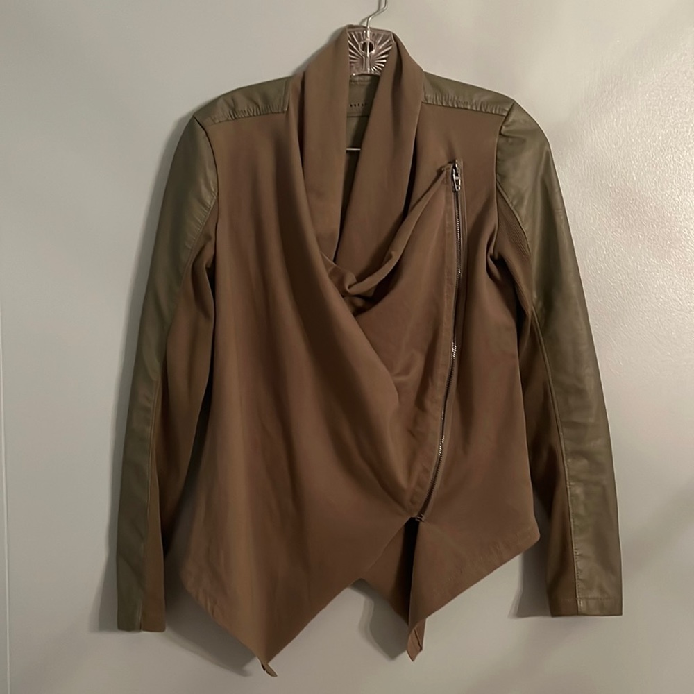 Blank NYC Tan and Green Drape Faux Leather & Fabric Jacket sz S